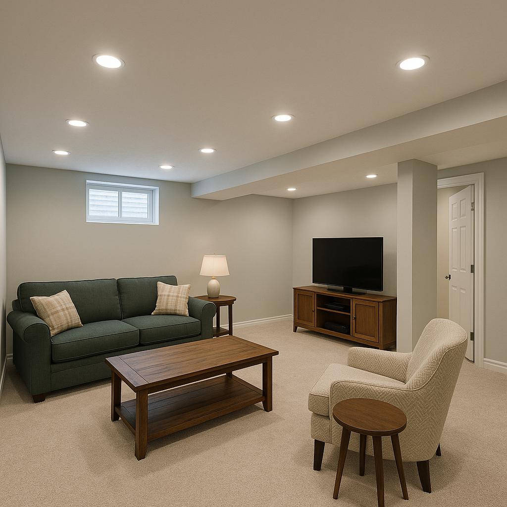 Finished basement with clean lighting and quality finish details in Shrewsbury MA