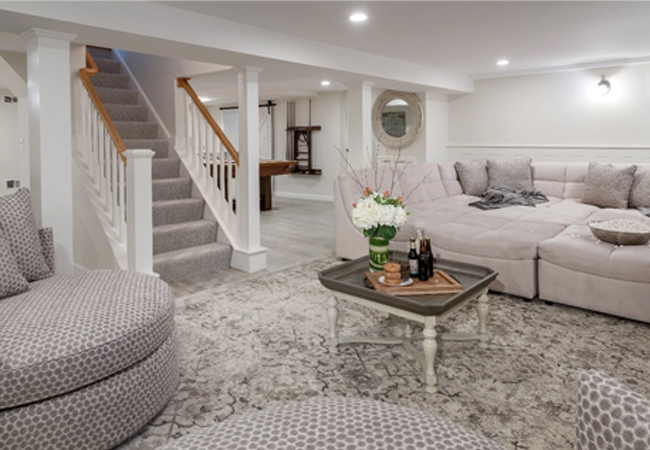 Professionally finished basement with quality trim and lighting in Shrewsbury MA