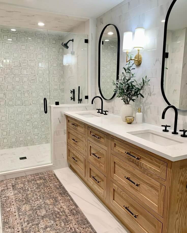 Double sink vanity and walk in shower bathroom remodel by Prosper Construction