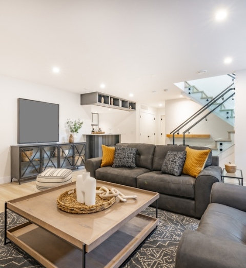 Bright finished basement living area in Shrewsbury MA