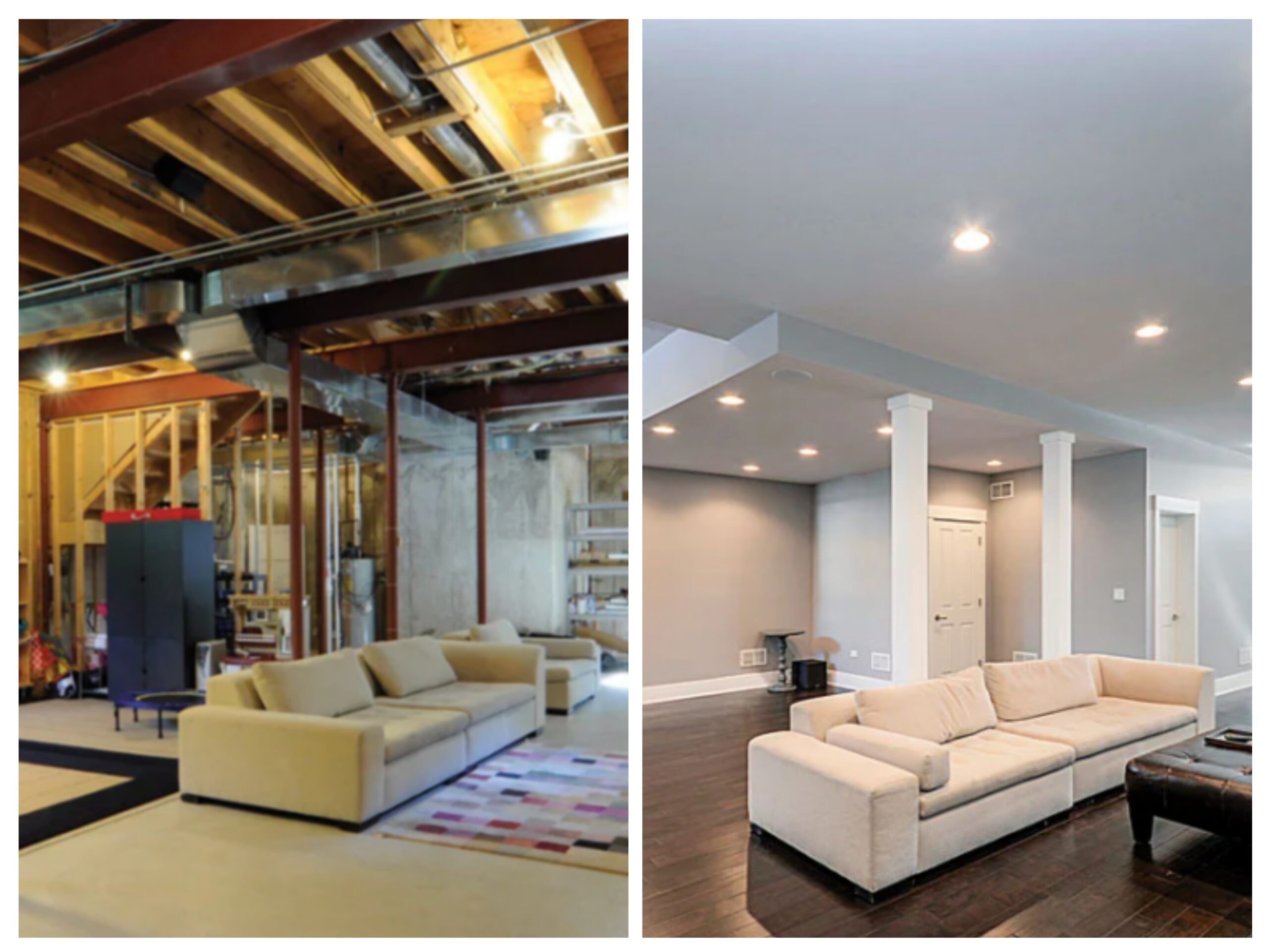 Before and after image of a basement remodel with couch