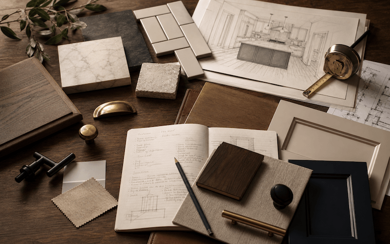 Remodel planning materials and design selections for a Massachusetts home renovation