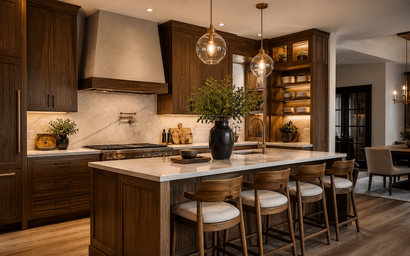 Warm wood kitchen remodel with natural stone and custom storage