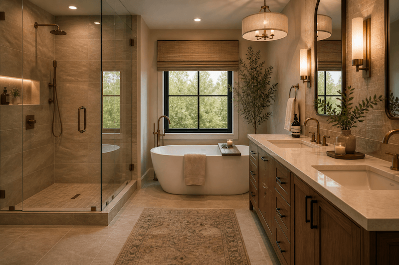 Spa-like bathroom remodel with natural stone and warm wood vanity