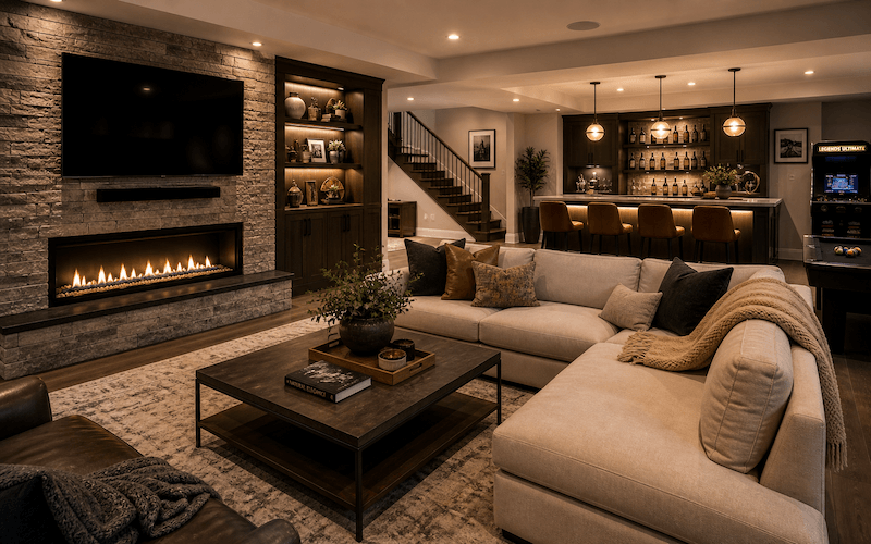 Finished basement remodel designed for entertaining and everyday living