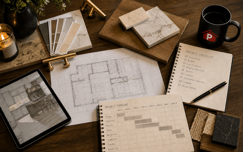 Home remodel timeline planning with project schedule and selections